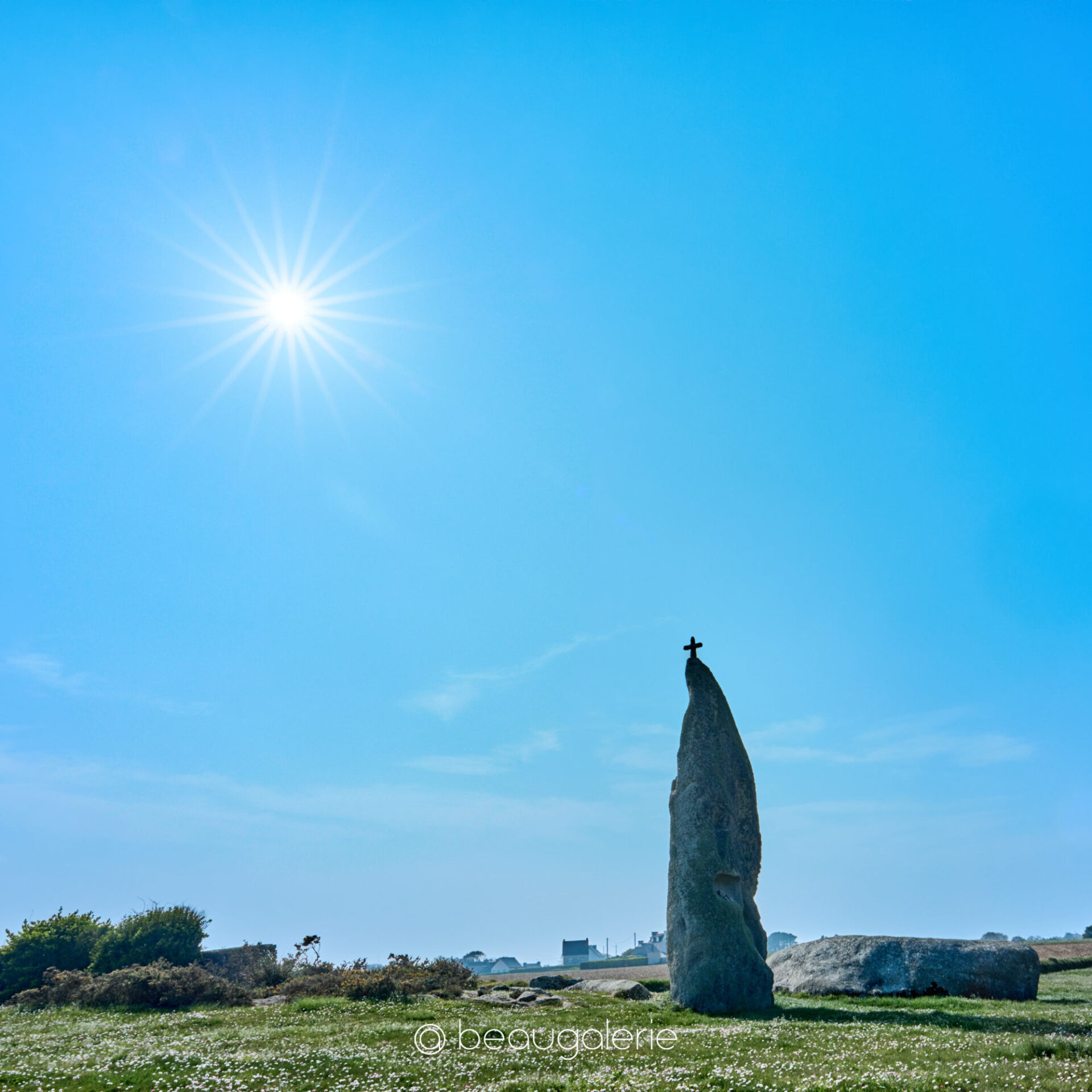 Le menhir de Men Marz sous le soleil Le menhir de Men Marz sous le soleil éclatant sur un tapis fleuri à Brignogan-Plages