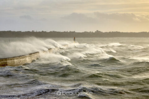 Photographie de la tempête Austen à Saint-Malo, houle et écume près du môle au soleil couchant